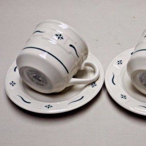 Longaberger Pottery Set of 2 Woven Traditions  Heritage Green Cups & Saucers